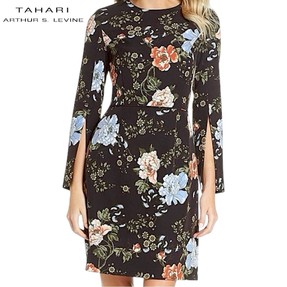 Tahari ASL Dress Black Floral Split Sleeve Sheath Scuba Dark Corporate | Sz 16